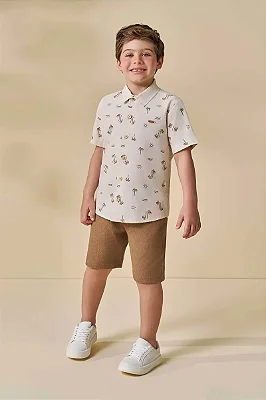 Conjunto de Camisa em Linho Deluxe e Bermuda em Cotton Jeans com Elastano LucBoo Infantil Menino