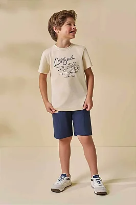 Conjunto de Camiseta em Meia Malha e Bermuda em Sarja Girassol com Elastano LucBoo Infantil Menino