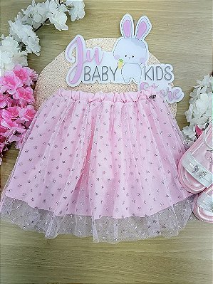 Saia em Tule Glitter Estrelas Rosa Kukiê Infantil Menina