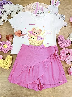 Conjunto de Blusa em Malha Power e Short Saia em Tecido de Viscose Kukiê Infantil Menina