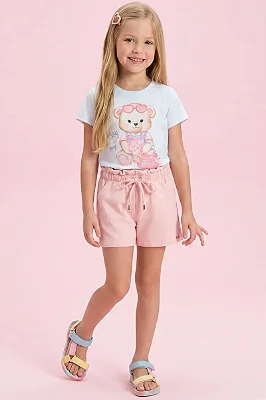 Shorts em Moletom sem Pelúcia Rosa Kukiê Infantil Menina