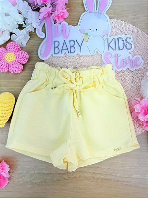Shorts em Moletom sem Pelúcia Amarelo Kukiê Infantil Menina