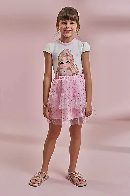 Conjunto de Blusa em Cotton e Saia em Tule Glitter Estrelas (com Shorts Embutido) Kukiê Infantil Menina
