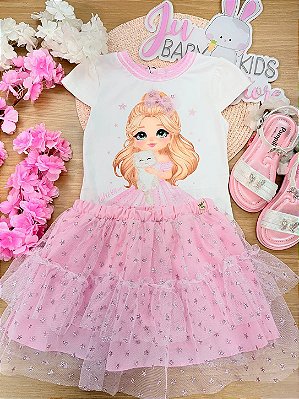 Conjunto de Blusa em Cotton e Saia em Tule Glitter Estrelas (com Shorts Embutido) Kukiê Infantil Menina