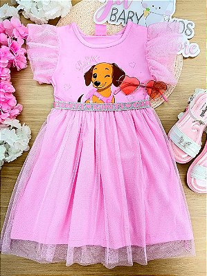 Vestido em Tule com Flores e Cachorrinho Cinti Infantil Menina