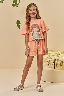 Conjunto de Blusa e Shorts em Malha Fresh Kukiê Infantil Menina