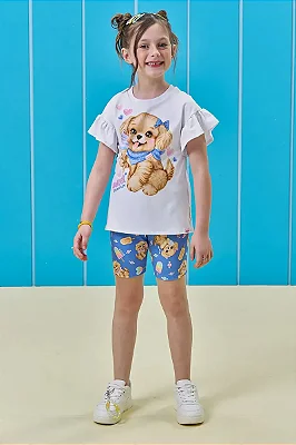 Conjunto de Blusa em Meia Malha e Bermuda Biker em Molecotton Kukiê Infantil Menina