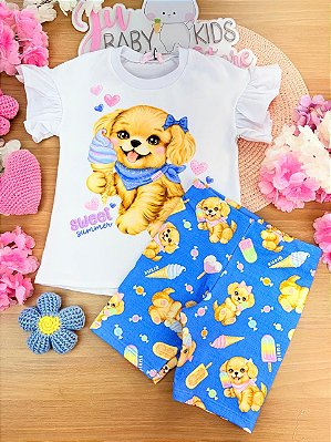 Conjunto de Blusa em Meia Malha e Bermuda Biker em Molecotton Kukiê Infantil Menina