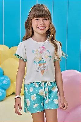 Conjunto de Blusa em Meia Malha e Shorts em Air Tech Kukiê Infantil Menina