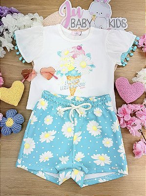 Conjunto de Blusa em Meia Malha e Shorts em Air Tech Kukiê Infantil Menina