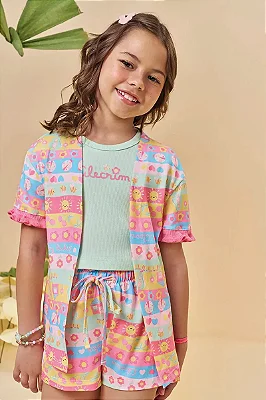 Trio de Blusa em Canelado e Shorts e Kimono em Malha Fresh Kukiê Infantil Menina