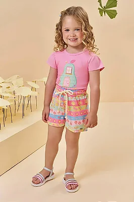 Conjunto de Blusa em Cotton e Shorts em Malha Fresh Kukiê Infantil Menina