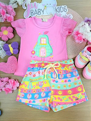Conjunto de Blusa em Cotton e Shorts em Malha Fresh Kukiê Infantil Menina