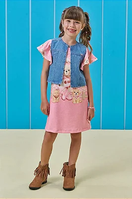 Vestido em Molecotton e Colete em Jeans Kukiê Infantil Menina