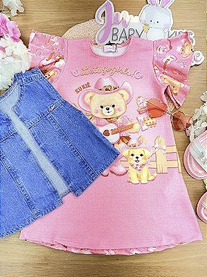 Vestido em Molecotton e Colete em Jeans Kukiê Infantil Menina