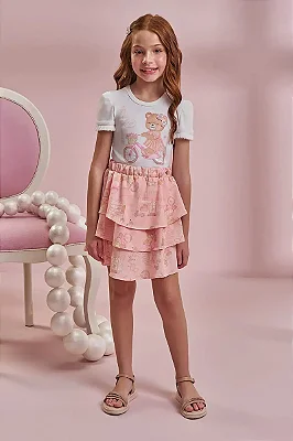 Conjunto de Blusa em Cotton e Saia em Light Peach (com Shorts Embutido) Kukiê Infantil Menina