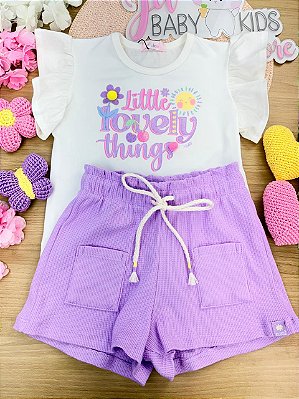 Conjunto de Blusa em Meia Malha e Shorts em Malha Little Waffle Kukiê Infantil Menina