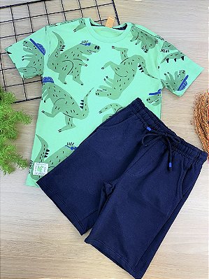 Conjunto Camiseta Malha Verde e Bermuda em Molecotton Up Baby