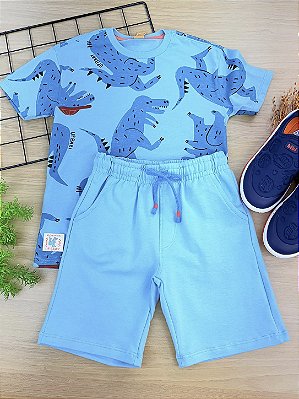 Conjunto Camiseta Malha Azul e Bermuda em Molecotton Up Baby