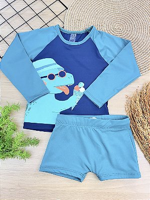 Conjunto Camiseta e Sunga Boxer Praia em Malha UV Verde Up Baby