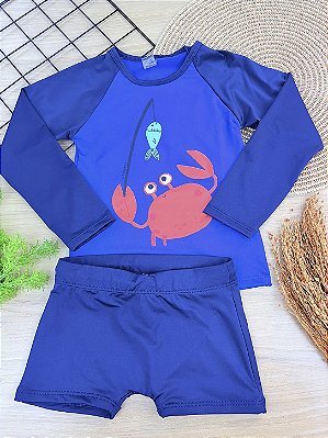 Conjunto Camiseta e Sunga Boxer Praia em Malha UV Azul Up Baby