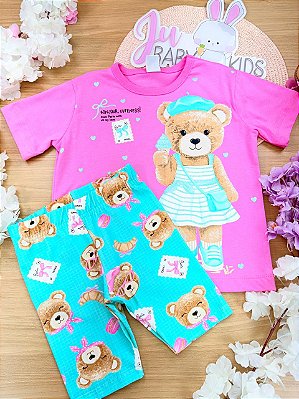 Conjunto Infantil Menina Blusa Meia Malha e Bermuda Ciclista Cotton Brandili