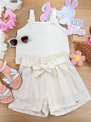 Conjunto de Blusa em Linho Deluxe e Shorts em Blend de Linho Bordado Infanti Infantil Menina