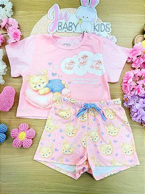 Conjunto de Pijama de Blusa em Meia Malha com Shorts em Malha Comfy Infanti Infantil Menina