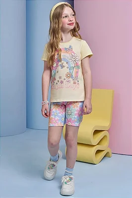 Conjunto de Blusa Alongada em Meia Malha e Bermuda Biker em Malha Power Infanti Infantil Menina