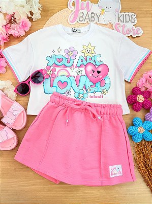 Conjunto de Blusa em Meia Malha e Shorts Saia em Moletom Botonê sem Pelúcia Infanti Infantil Menina