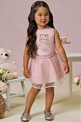 Conjunto de Regata em Malha Power e Saia em Tule Paetê (com Shorts Embutido) Infanti Infantil Menina