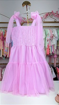 Vestido Infantil Menina Rosa de Tule e Lastex com Alças Laços Momi