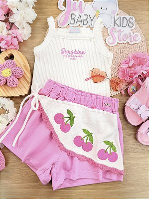 Conjunto Infantil Menina Canelado Cherry Pink com Lenço de Tricot Momi