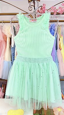 Conjunto Regata Canelada Saia de Tule com Glitter Verde Menta Mon Sucré