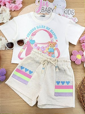 Conjunto de Blusa em Meia Malha e Shorts em Moletom Linho sem Pelúcia Infanti Infantil Menina