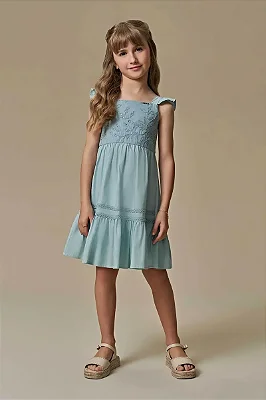 Vestido em Tricoline com Elastano e Tricoline Bordado Infanti Infantil Menina