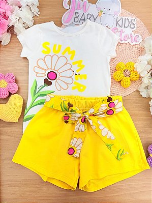 Conjunto Infantil Menina Bimbi Amarelo Summer com Flores Retro e Faixa