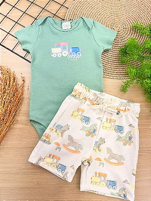 Conjunto de Body em Ribana 1x1 e Bermuda em Molecotton LucBoo Bebê Menino
