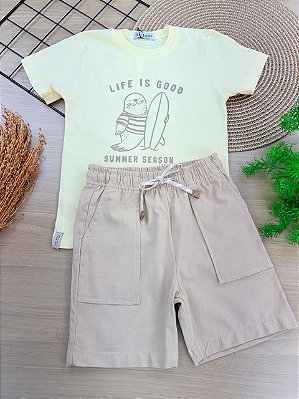 Conjunto de Camiseta em Meia Malha e Bermuda em Linho Santorine com Elastano LucBoo Infantil Menino