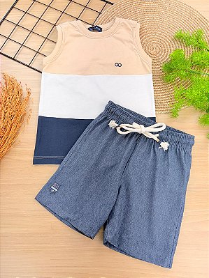 Conjunto de Regata em Meia Malha e Bermuda em Cotton Jeans com Elastano LucBoo Infantil Menino