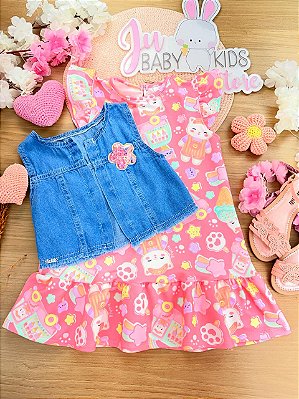 Vestido em Molecotton e Colete em Jeans Kukiê Infantil Menina
