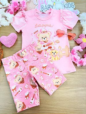 Conjunto de Blusa em Meia Malha e Bermuda Biker em Molecotton Kukiê Infantil Menina