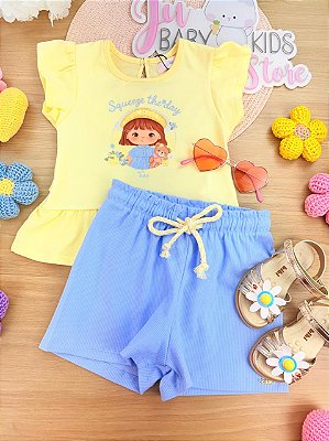 Conjunto de Bata em Meia Malha e Shorts em Canelado Kukiê Infantil Menina