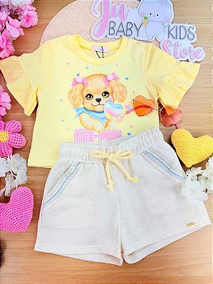 Conjunto de Blusa em Meia Malha e Shorts em Moletom sem Pelúcia Kukiê Infantil Menina