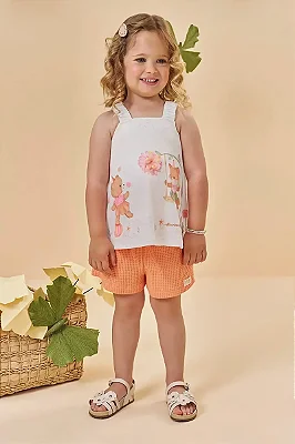 Conjunto de Bata em Malha Fresh e Shorts em Malha Big Waffle Kukiê Infantil Menina