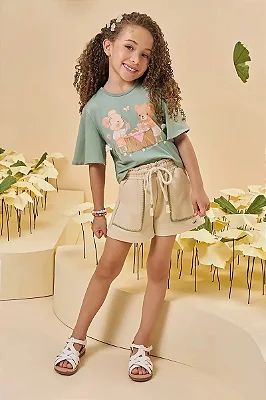 Conjunto de Blusa em Meia Malha e Shorts em Moletom sem Pelúcia Kukiê Infantil Menina