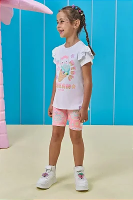 Conjunto de Blusa em Meia Malha e Bermuda Biker em Molecotton Kukiê Infantil Menina