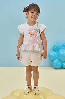 Conjunto de Bata em Cotton e Tule com Elastano e Shorts em Moletom Linho sem Pelúcia Kukiê Infantil Menina