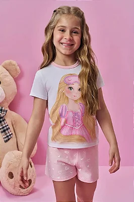 Conjunto de Pijama de Blusa e Shorts em Meia Malha Kukiê Infantil Menina
