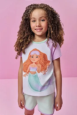 Conjunto de Pijama de Blusa e Shorts em Meia Malha Kukiê Infantil Menina